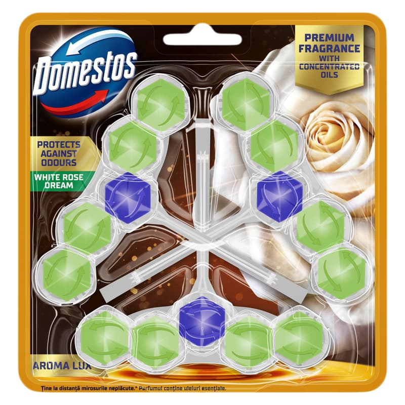 DOMESTOS Aroma Lux WC freshener block, White Rose Dream, with concentrated essential oils, 3x50g