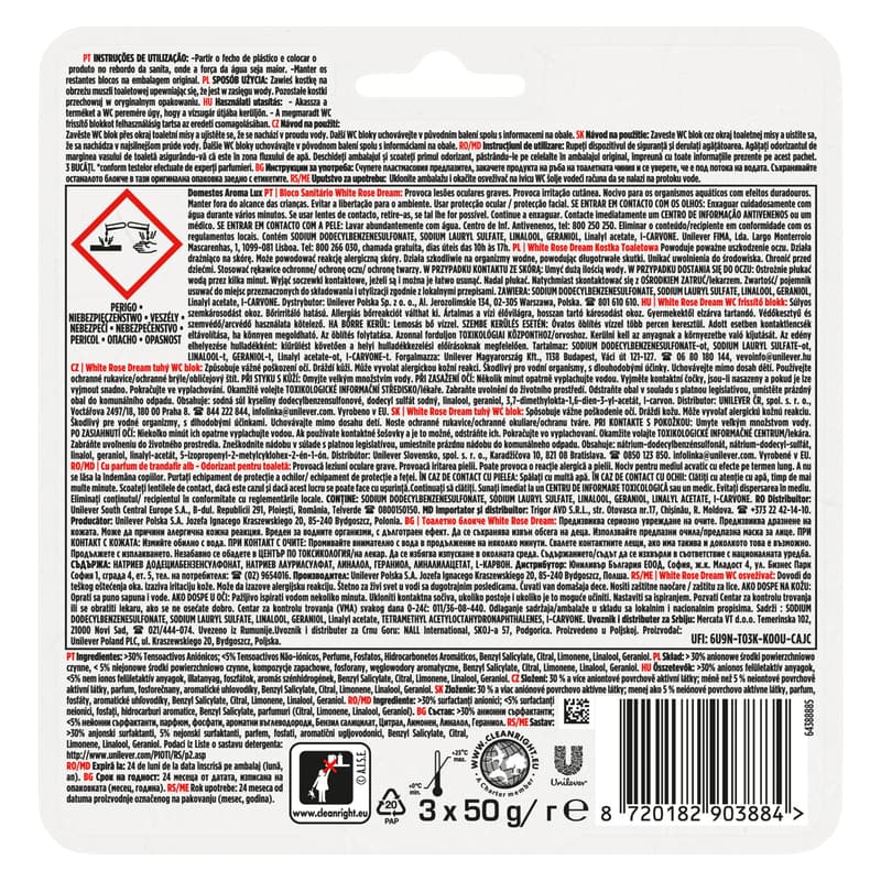 DOMESTOS Aroma Lux WC freshener block, White Rose Dream, with concentrated essential oils, 3x50g