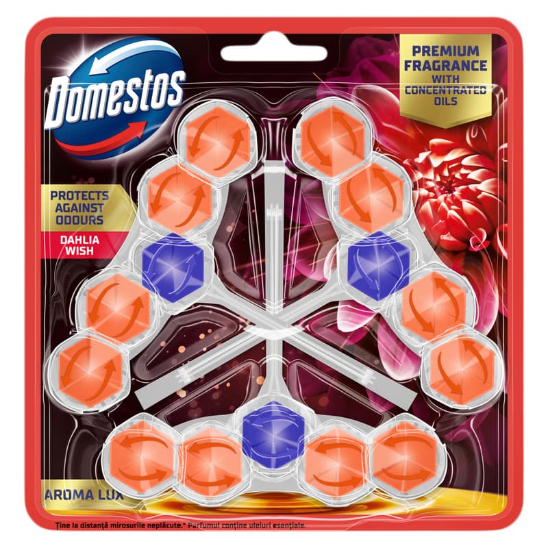 DOMESTOS Aroma Lux WC frissítő blokk, Dahlia Wish, koncentrált illóolajokkal, 3x50g