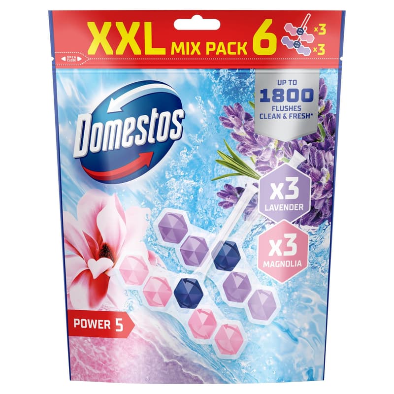 DOMESTOS Power5 WC freshener block mix, Magnolia / Lavender, 6x50g