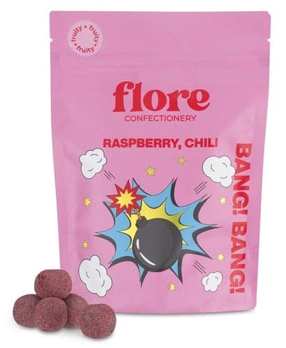 Flore Confectionery Bang!Bang! dragée: Rose, chili raspberry jelly, dark chocolate dragée
