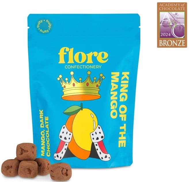 Flore Confectionery Mango King dragée: Passion fruit mango jelly, dark chocolate dragée