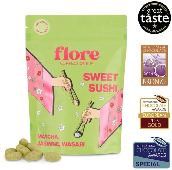 Flore Confectionery Sweet Sushi Dragée: Matcha, jasmine, wasabi, almond white chocolate dragée