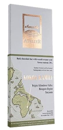 Dark chocolate made of Kokoa Kamili cocoa beans with wasabi sesame seed