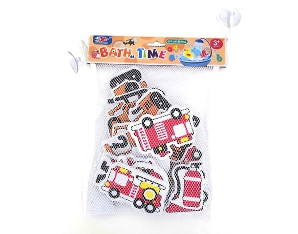 Sponge bath toy in a net, vehicles and people