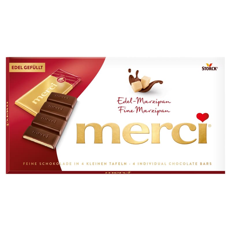 Merci bar of dark chocolate filled with marzipan