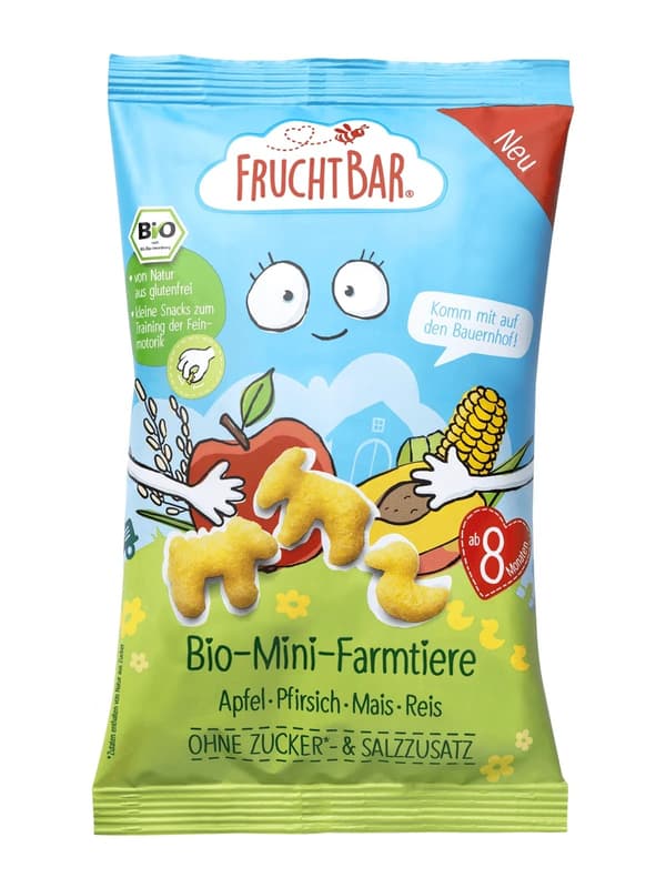 Fruchtbar BIO Extruded Corn Snack "Mini Farm Animals" (Apple, Peach, Rice) 8 months