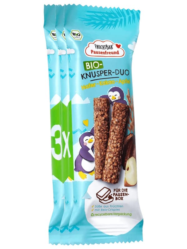 Fruchtbar Pausendfreund BIO Duo rágcsa Zab, kakaó, alma 3 éves kortól (3x23g)