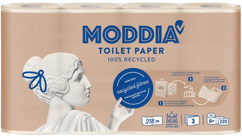 Moddia 3 rétegű újrahasznosított toalettpapír 8 tekercs