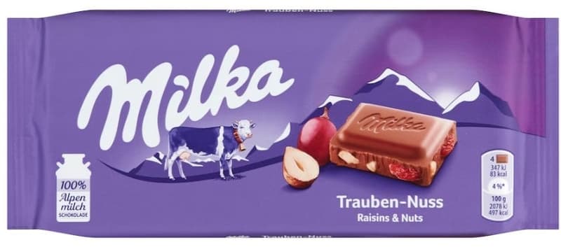 Milka Alpine Milk Chocolate with Raisins and Hazelnut Pieces