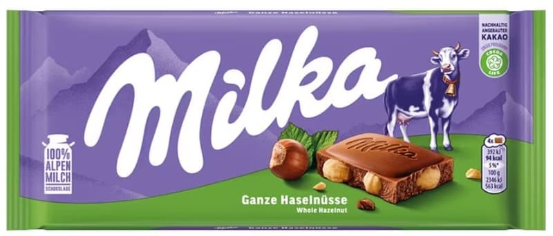 Milka milk chocolate made with alpine milk and whole hazelnuts