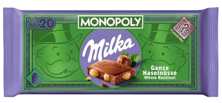 Milka milk chocolate made with alpine milk and whole hazelnuts