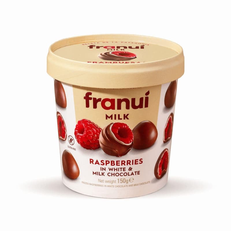 Franuí - frissen fagyasztott málna fehér és tejcsokoládéval bevonva
