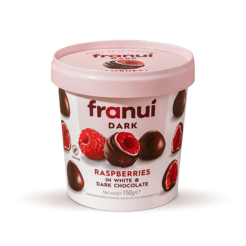 Franuí - frissen fagyasztott málna fehér és étcsokoládéval bevonva
