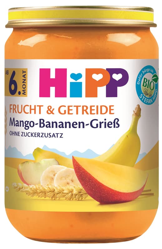 Hipp BIO Mangós-banános gríz üveges bébiétel, 6 hónapos kortól