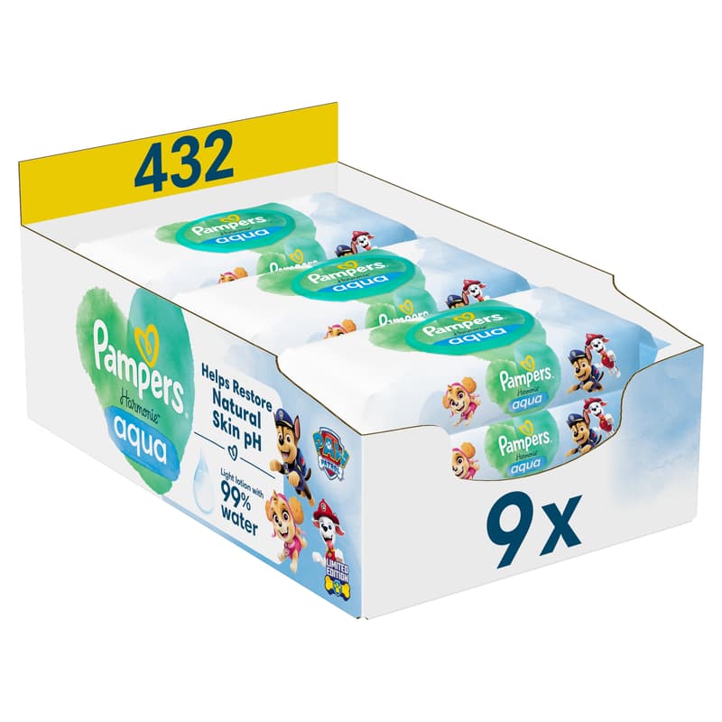 Pampers Harmonie Nedves Törlőkendő Aqua Mancs Őrjárat, 9x48 db