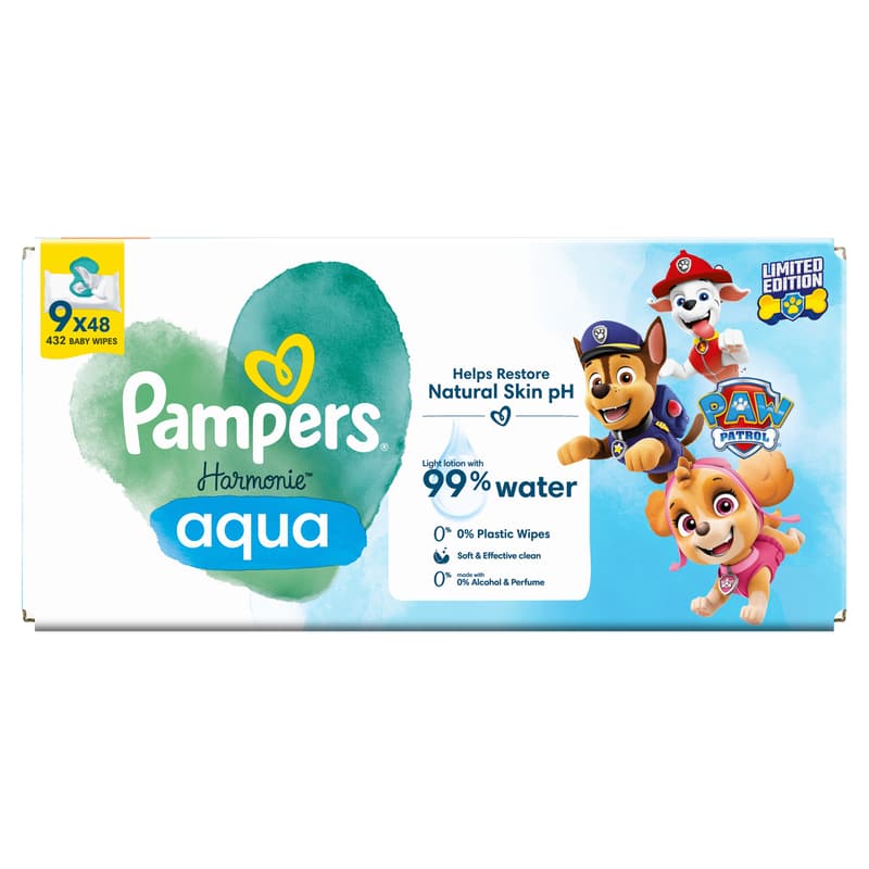 Pampers Harmonie Nedves Törlőkendő Aqua Mancs Őrjárat, 9x48 db