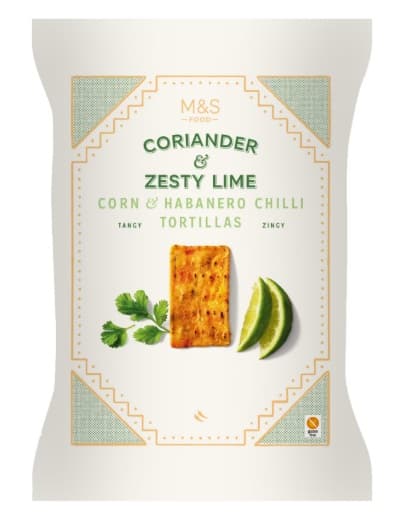 Marks & Spencer Kukorica tortilla, ízesítve szárított piros paprikával, szárított korianderrel, szárított lime levével, chili porral, szárított citromlével és habanero chili porral