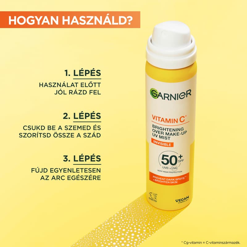 Garnier Vitamin C+ Ragyogásfokozó SPF 50+ láthatatlan, smink fölé is használható arcpermet