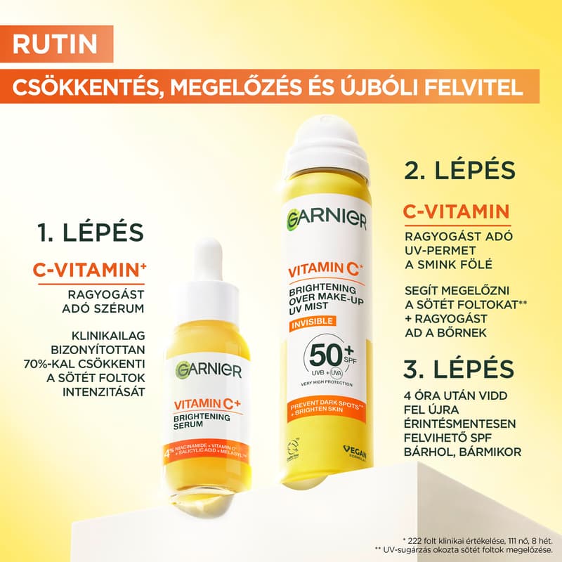 Garnier Vitamin C+ Ragyogásfokozó SPF 50+ láthatatlan, smink fölé is használható arcpermet