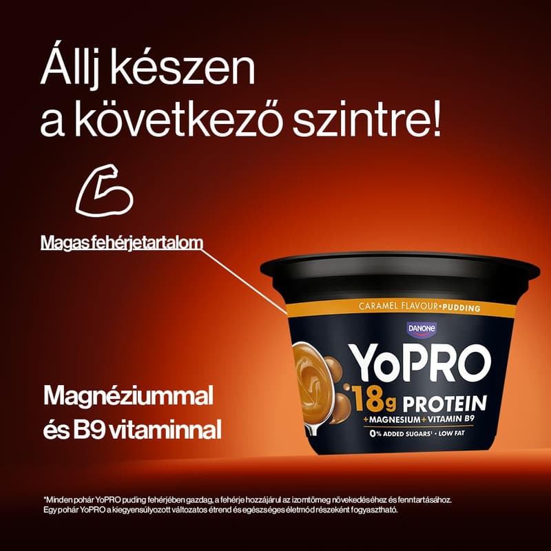 YoPRO karamellízű tejdesszert édesítőszerrel, magnéziummal és folsavval