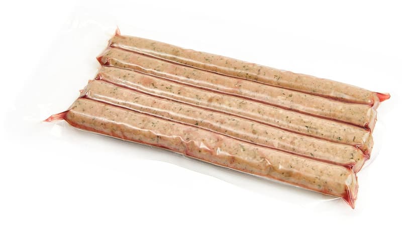 Grilled sausage from duck with boletus and barley pearl sous vide