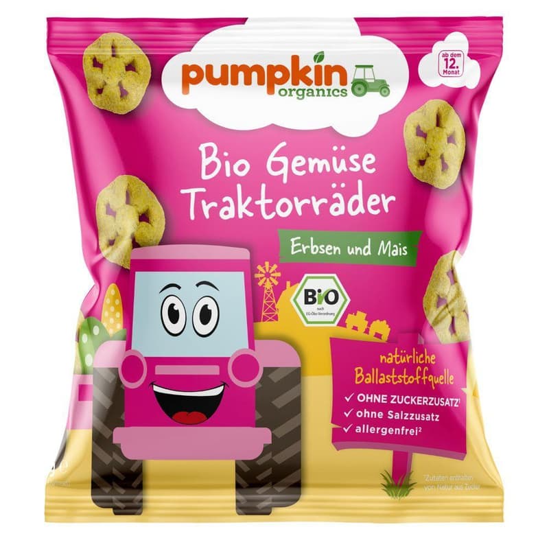 Pumpkin Organics Bio Vegetable Tractor Wheels with Peas & Corn 12m+