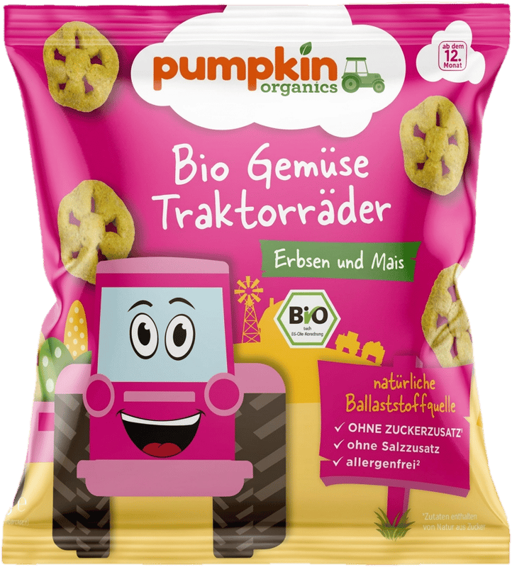 Pumpkin Organics Bio Vegetable Tractor Wheels with Peas & Corn 12m+