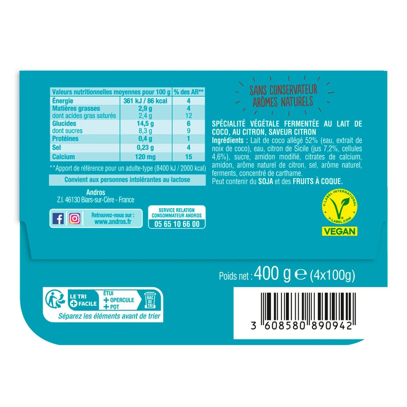 Andros Gourmandt & Végétal Lemon Vegangurt (4x100g)
