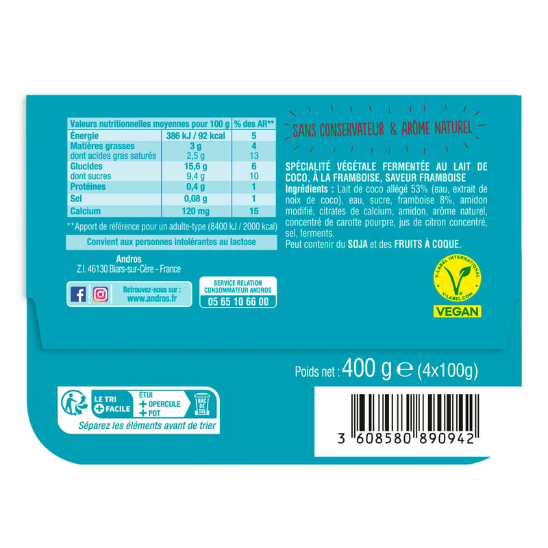 Andros Gourmandt & Végétal Raspberry Vegangurt (4x100g)