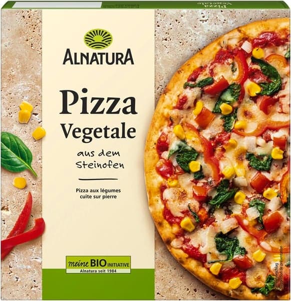 Alnatura Bio Pizza sajttal, kukoricával, paprikával, spenóttal, paradicsommal és hagymával, gyorsfagyasztott