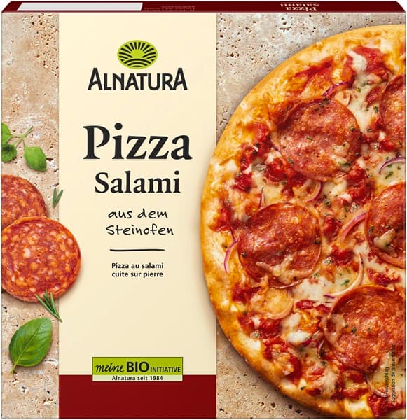 Alnatura Bio Pizza sajttal, szalámival és hagymával, gyorsfagyasztott