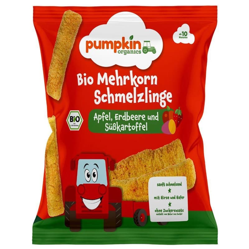 Pumpkin Organics Bio Organic Multigrain Melty Sticks Appel, Strawberry Sweet Potato 25 g 10 m+