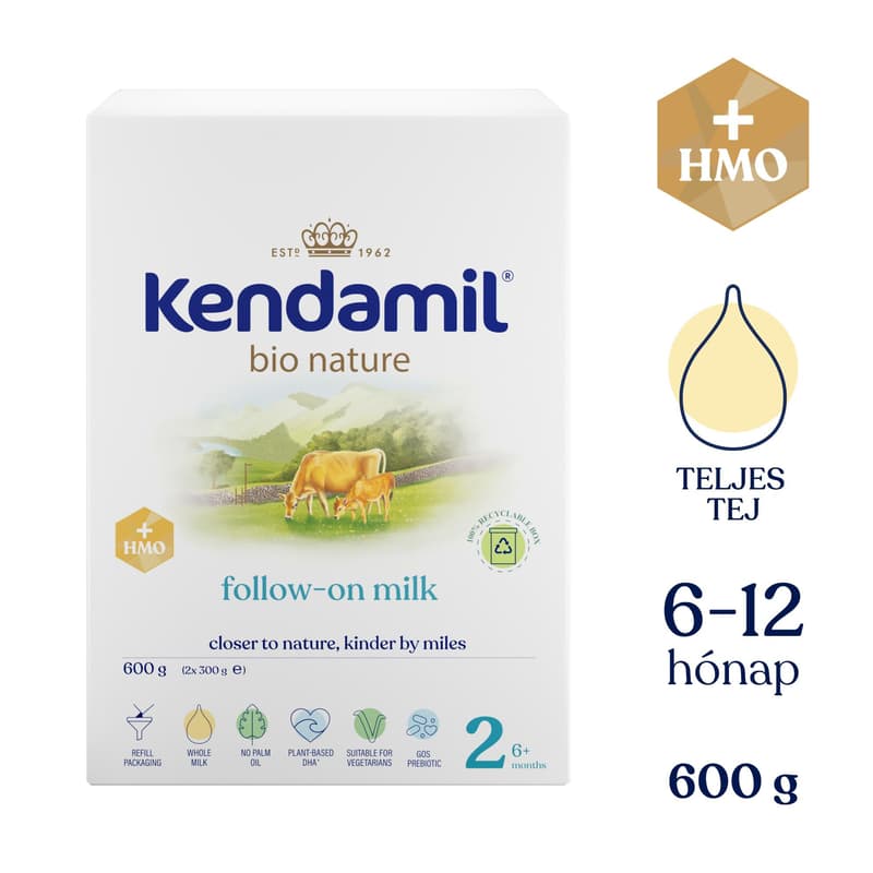 Kendamil BIO NATURE BOX 2 HMO+ tehéntej alapú anyatej-kiegészítő tápszer 6 hónapos kortól (600 g)