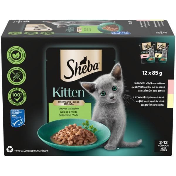 Sheba Kitten Junior alutasakos nedves macskaeledel mártásban, vegyes válogatás 12x85g