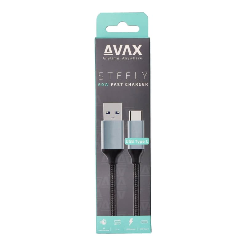 AVAX CB301G STEELY USB A-Type C, 1.5m fast charger, braided cable, 3A, steel-grey