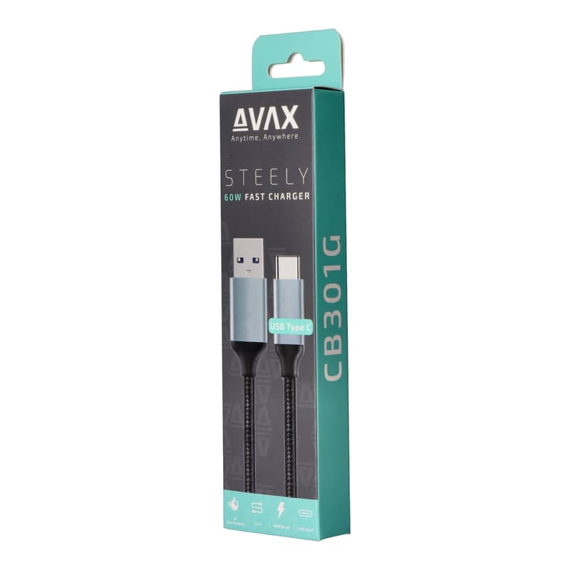 AVAX CB301G STEELY USB A-Type C, 1.5m fast charger, braided cable, 3A, steel-grey