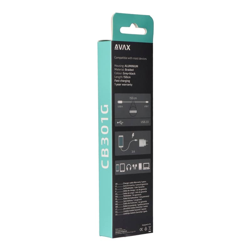 AVAX CB301G STEELY USB A-Type C, 1.5m fast charger, braided cable, 3A, steel-grey