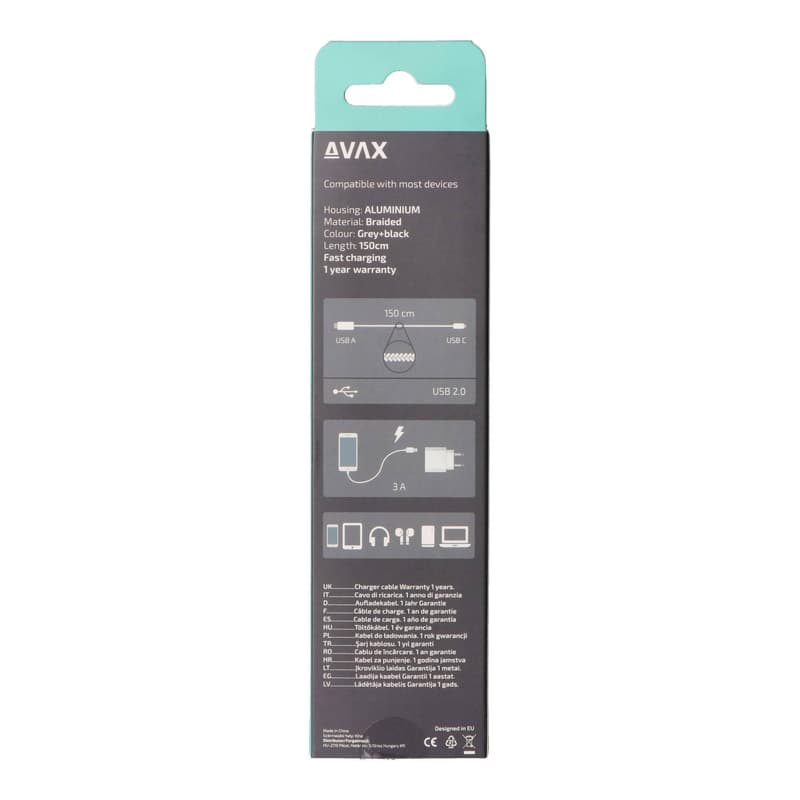 AVAX CB301G STEELY USB A-Type C, 1.5m fast charger, braided cable, 3A, steel-grey