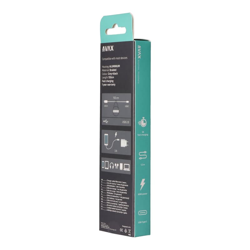AVAX CB301G STEELY USB A-Type C, 1.5m fast charger, braided cable, 3A, steel-grey