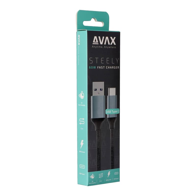 AVAX CB301G STEELY USB A-Type C, 1.5m fast charger, braided cable, 3A, steel-grey