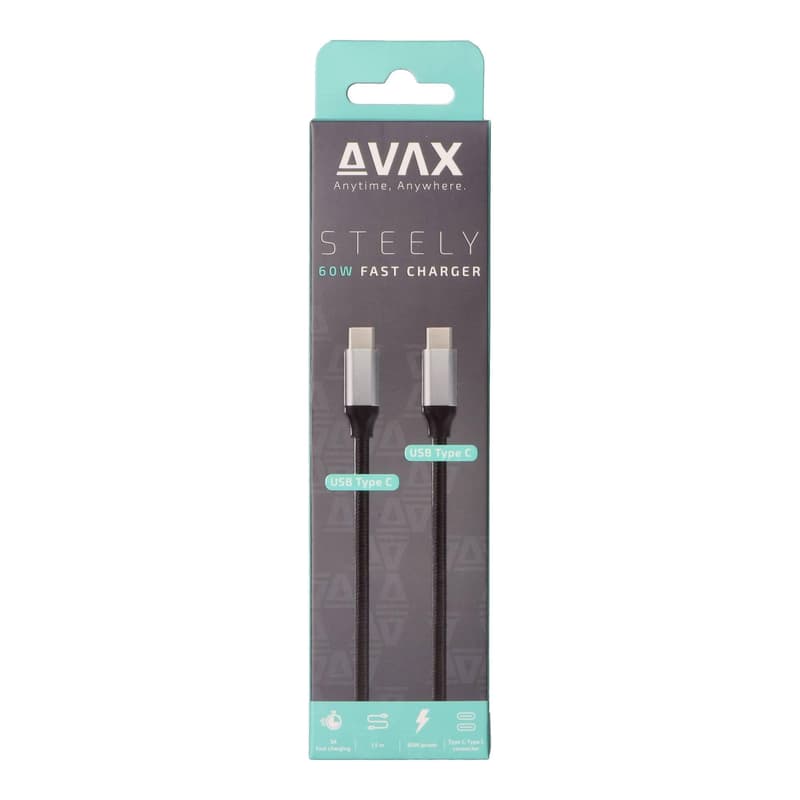 AVAX CB-302G STEELY Type C-Type C 60W, 1.5m gyorstöltő, sodorszálas kábel, 3A, acélszürke