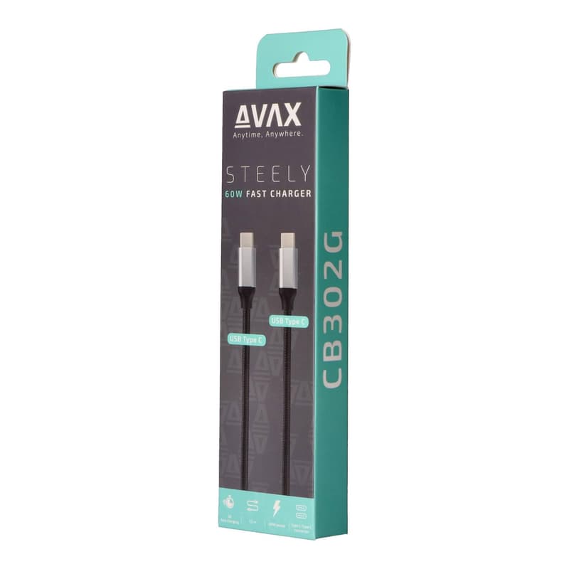 AVAX CB-302G STEELY Type C-Type C 60W, 1.5m gyorstöltő, sodorszálas kábel, 3A, acélszürke