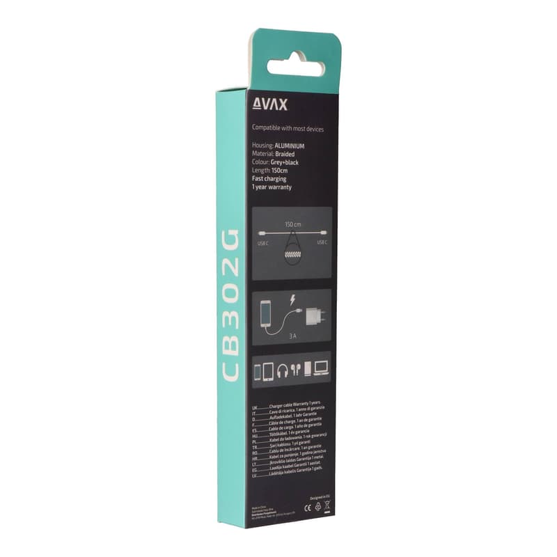AVAX CB-302G STEELY Type C-Type C 60W, 1.5m gyorstöltő, sodorszálas kábel, 3A, acélszürke