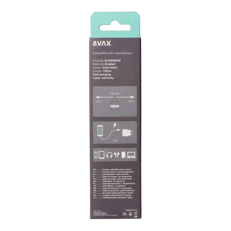 AVAX CB-302G STEELY Type C-Type C 60W, 1.5m gyorstöltő, sodorszálas kábel, 3A, acélszürke