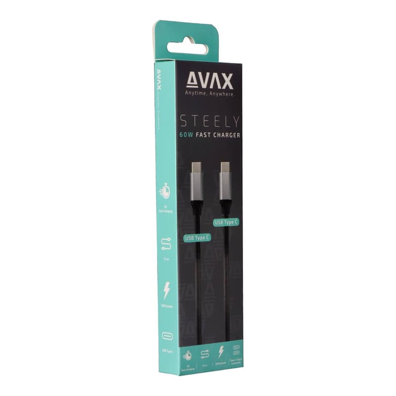 AVAX CB-302G STEELY Type C-Type C 60W, 1.5m gyorstöltő, sodorszálas kábel, 3A, acélszürke