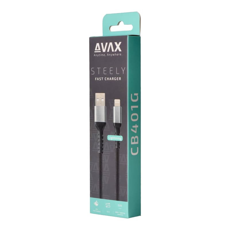 AVAX CB401G STEELY USB A-Lightning 20W, 1.5m fast charger, braided cable, 3A, steel-grey