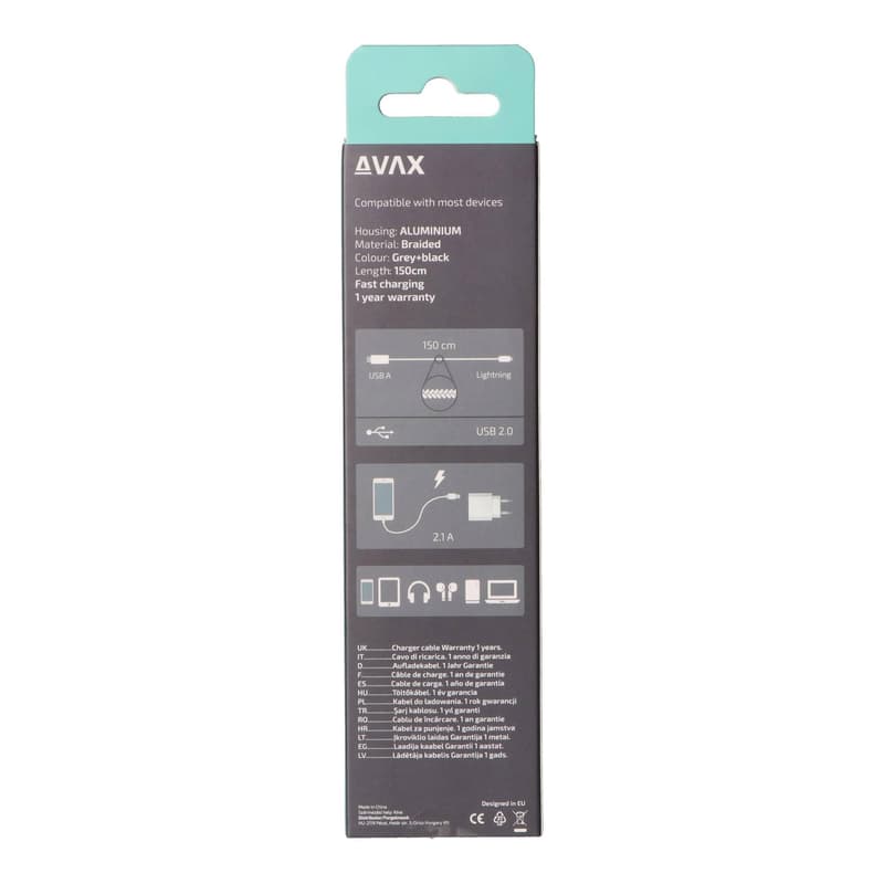 AVAX CB401G STEELY USB A-Lightning 20W, 1.5m fast charger, braided cable, 3A, steel-grey