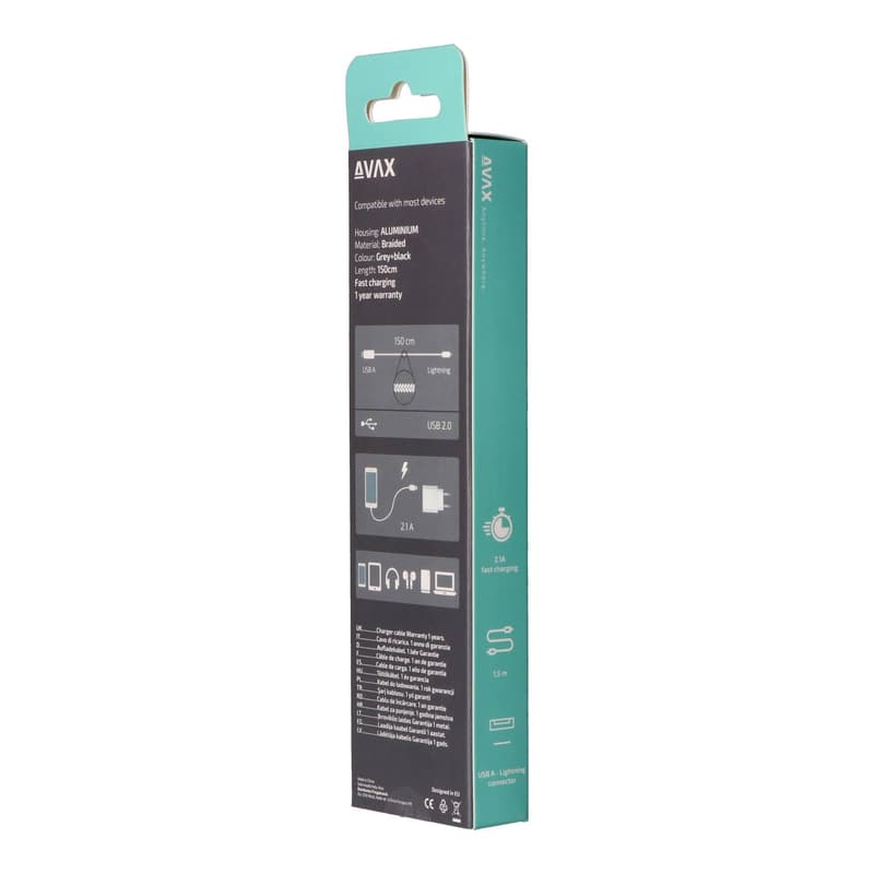 AVAX CB401G STEELY USB A-Lightning 20W, 1.5m fast charger, braided cable, 3A, steel-grey