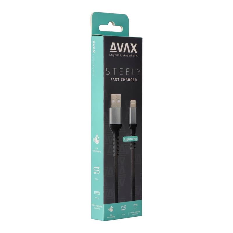 AVAX CB401G STEELY USB A-Lightning 20W, 1.5m fast charger, braided cable, 3A, steel-grey